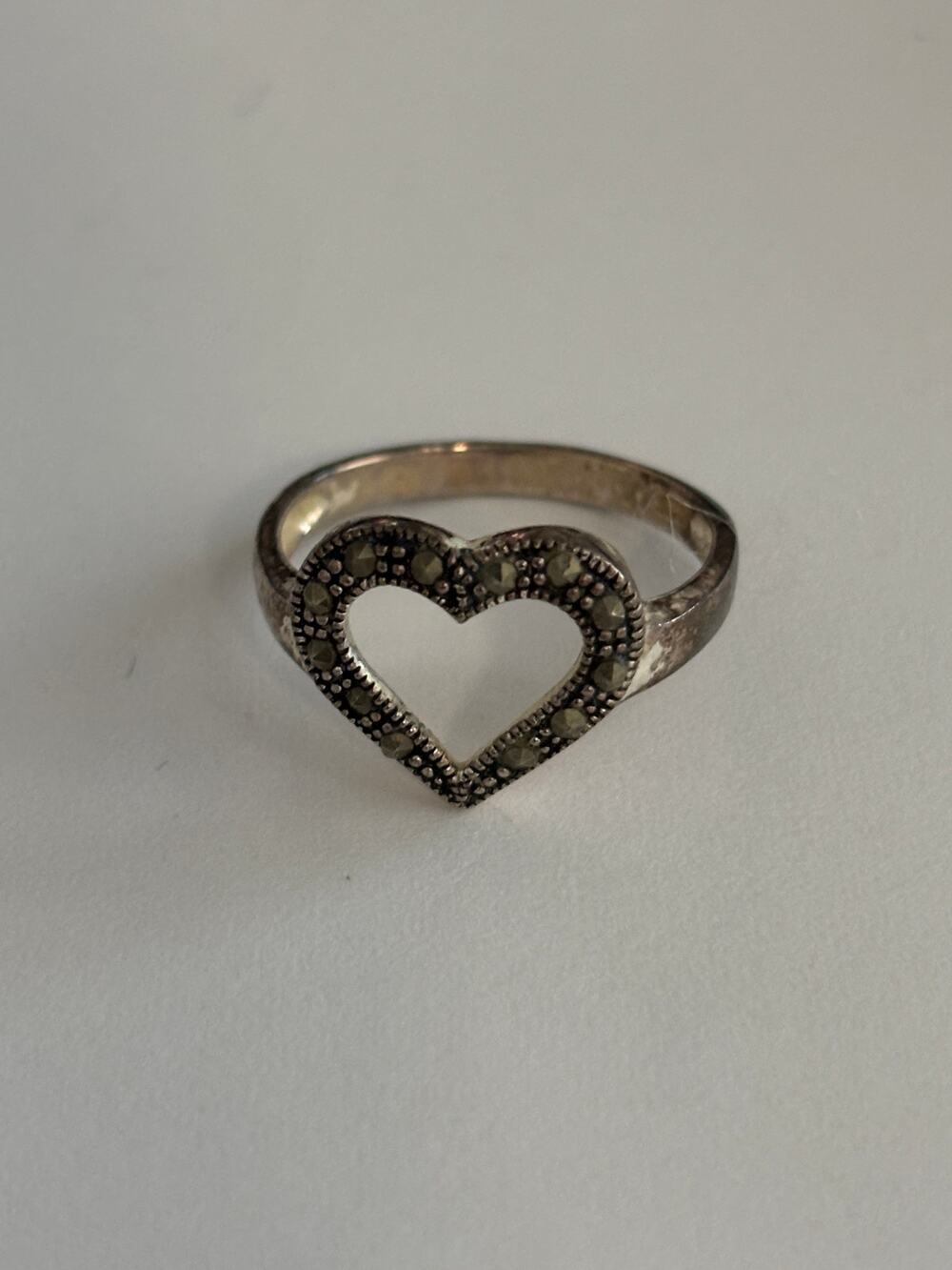 Vintage Dainty Sterling Silver Ring Heart Marcasite